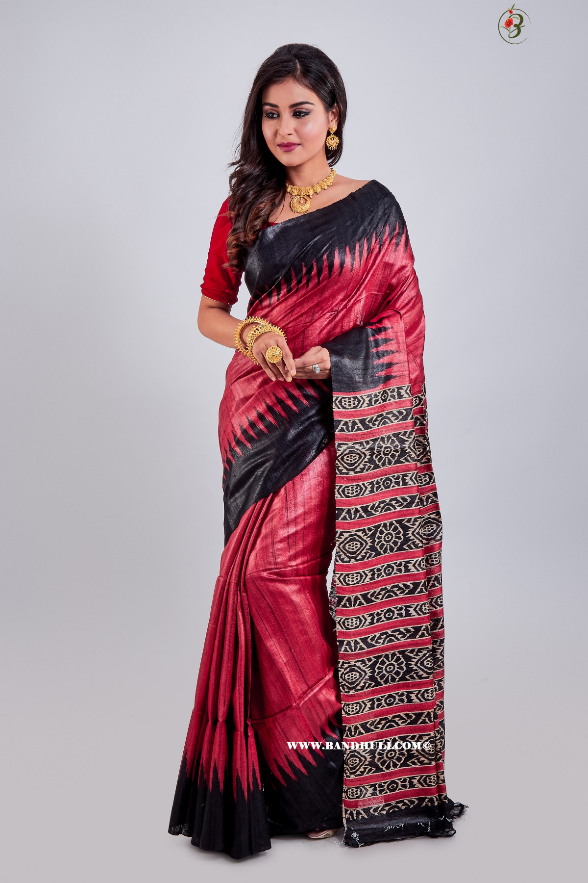 Wine Red Patola Design Tussar Saree